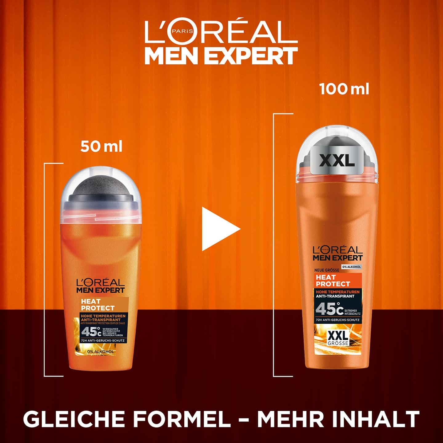 Abbildung normaler & XXL Packung, darunter Text: Gleiche Formel - Mehr Inhalt